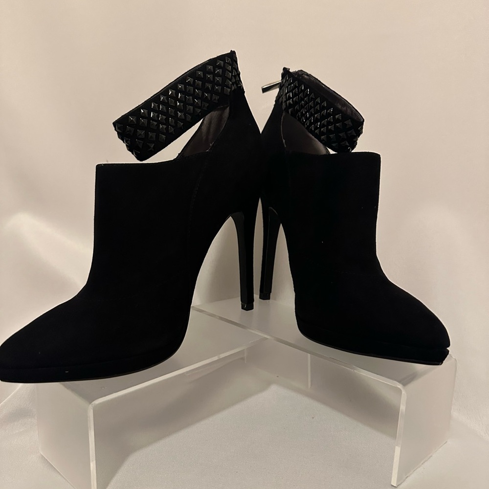 A B S Allen Schwartz Lenna Black Suede Bootie Stud Ankle Strap